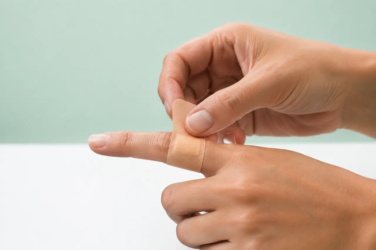 Een wondpleister wordt zorgvuldig rond een vinger aangebracht